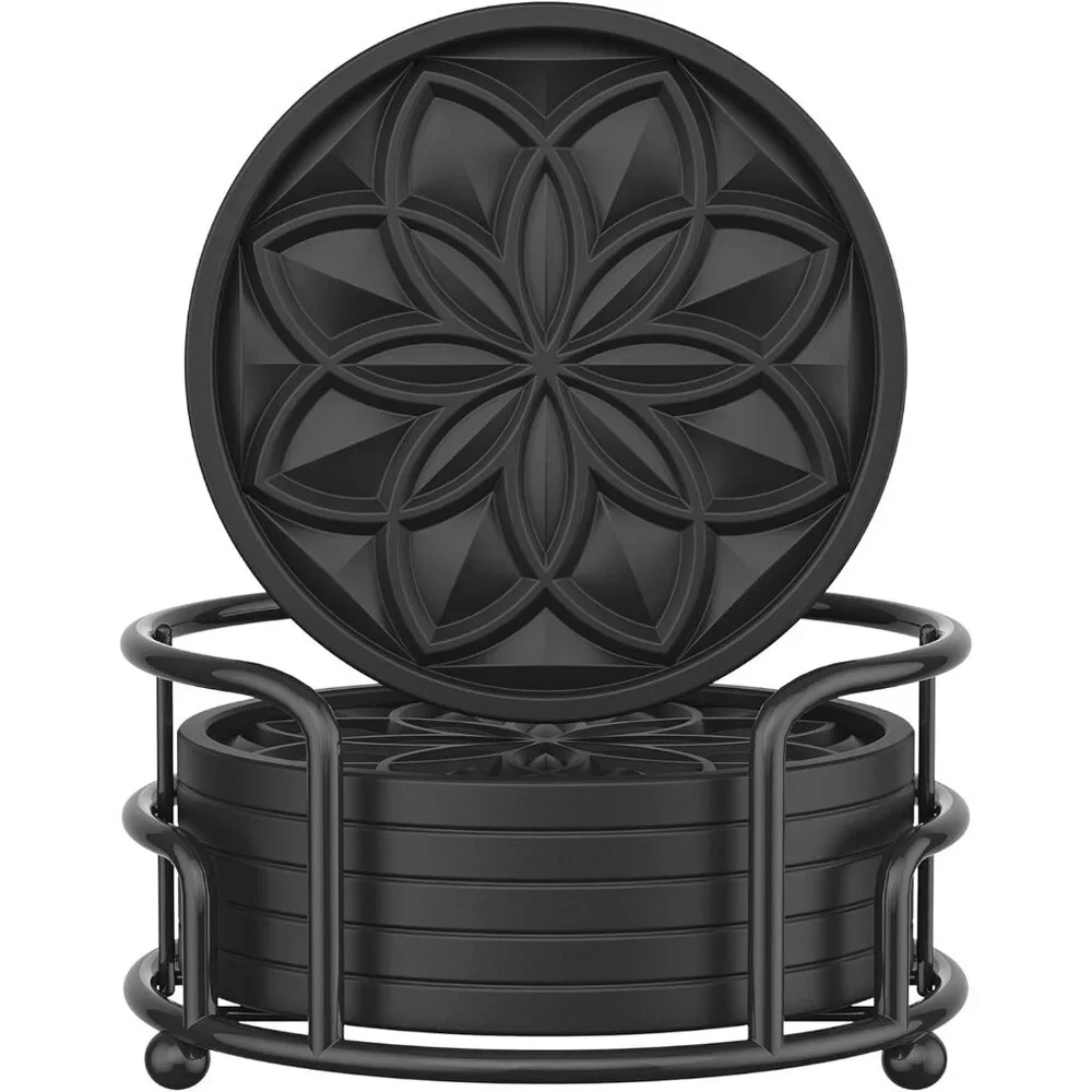Drink Coasters Set of 6 Packs with Holder, Round Black BPA Free Silicone with No
